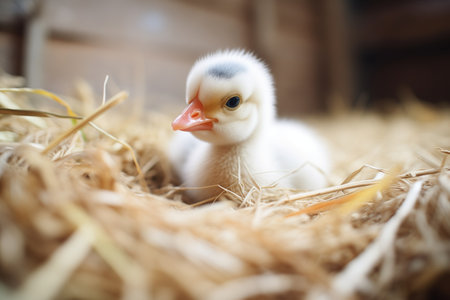 single duckling nestled in hayの素材