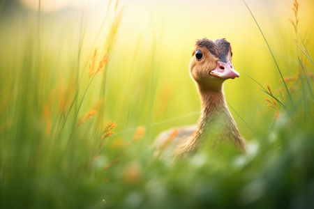 golden hour lighting on duck in green grassの素材