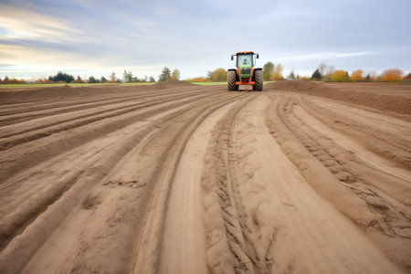 farm tractor tracks in damp earthの素材