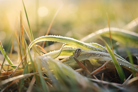 frosted grass blades in early morningの素材