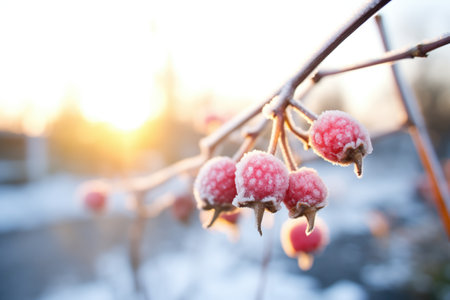 sunbeam hitting frozen raspberries on a twigの素材