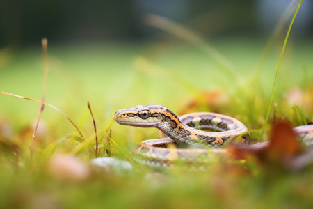 garter snake poised on a leaf in a grassy areaの素材