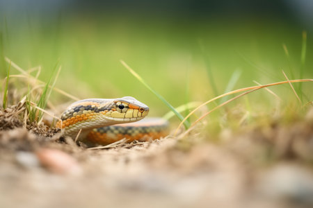 side view of garter snake entering a grassy burrowの素材