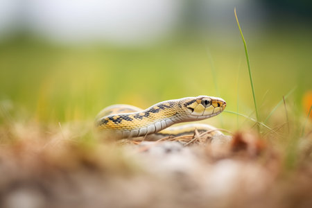 side view of garter snake entering a grassy burrowの素材
