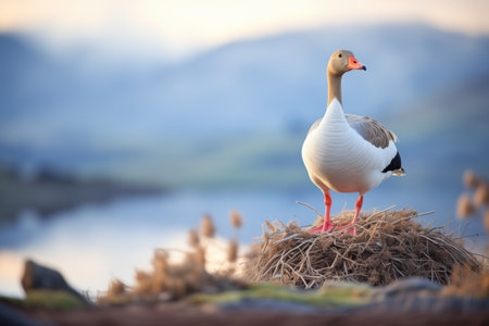 goose standing alert next to a nest on a hillockの素材