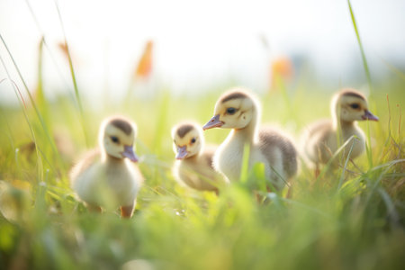 goslings following parents through a fieldの素材
