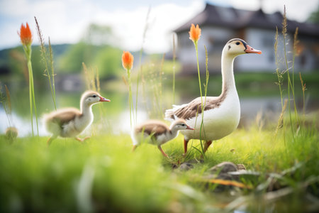 geese escorting goslings through a grassy knollの素材