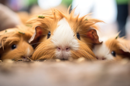 close-up of guinea pigs heads peeking from pileの素材