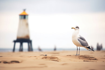 gull standing on beach with distant lighthouseの素材