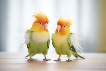pair of lovebirds fluffing feathers in syncの素材