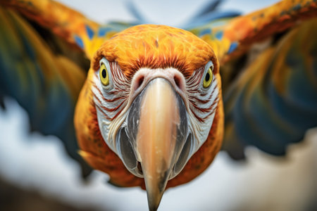 close-up of flying macaw, focus on eye detailの素材