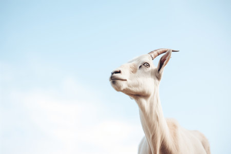 mountain goat with curved horns against a clear skyの素材