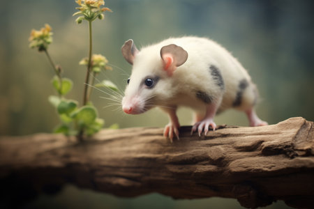 opossum climbing over a backyard logの素材