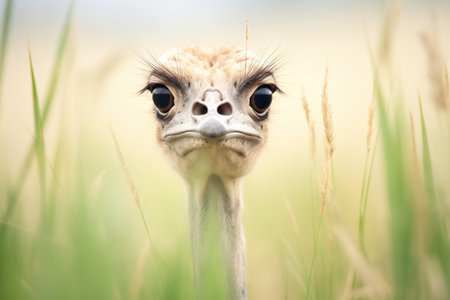 ostrich head poking through tall grassesの素材