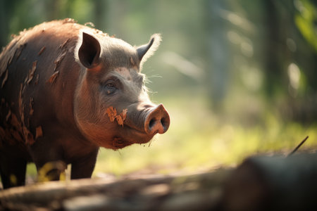 wild pig with dirty snout in sunlightの素材