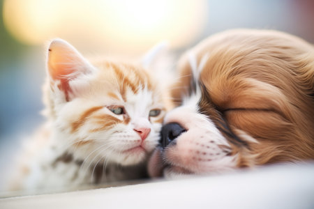 close-up of a kitten and puppy sleeping nose-to-noseの素材