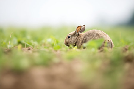 side view of rabbit burrowing in fieldの素材