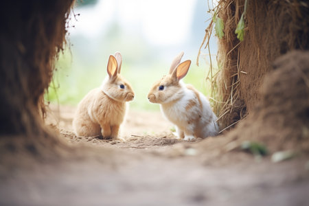 two rabbits interacting at a burrow entranceの素材