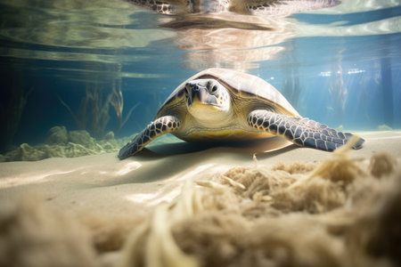 underwater shot of turtle shadow on sandy bottomの素材