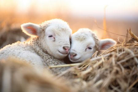 lambs snuggled together on cold, clear morningの素材