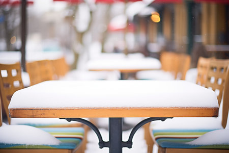 snow-covered outdoor cafe tablesの素材