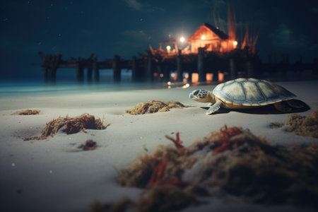 moonlit beach with turtle laying eggs at nightの素材