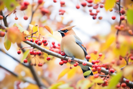 waxwing sitting among autumn leaves with berries aroundの素材
