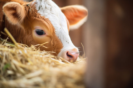 calf nuzzling against a haystackの素材