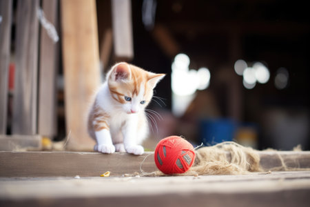 kitten playing with a ball of yarn by the barnの素材