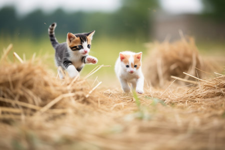 kittens chasing each other in hayの素材