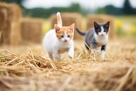 kittens chasing each other in hayの素材