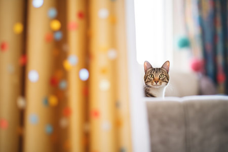 laser dot on curtain, cat peeking behindの素材