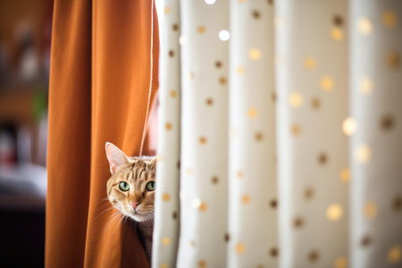 laser dot on curtain, cat peeking behindの素材