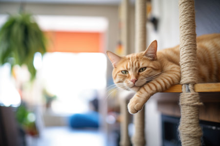 cat lounging on cat tree with paw dangling over edgeの素材