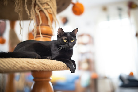 black cat stretching on middle tier of cat treeの素材