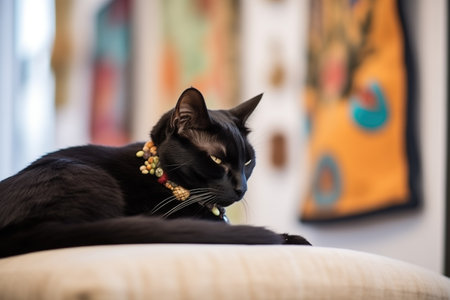 black cat asleep on a plush velvet cushionの素材