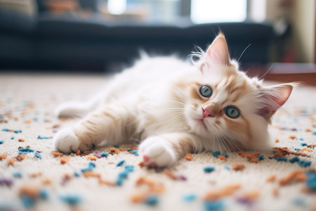 ragdoll cat sprawled on a fluffy carpetの素材
