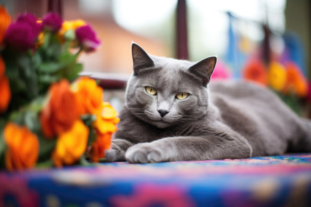 russian blue cat lounging in a flower bedの素材