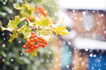 fresh snowfall dusting over a holly bushの素材