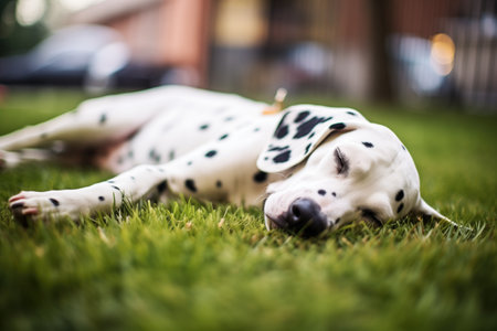 dalmatian on grass, tail wagging while asleepの素材