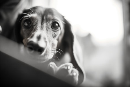 dachshund peeking through windowの素材