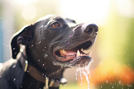 water drops glistening on a black labrador in sprinklerの素材
