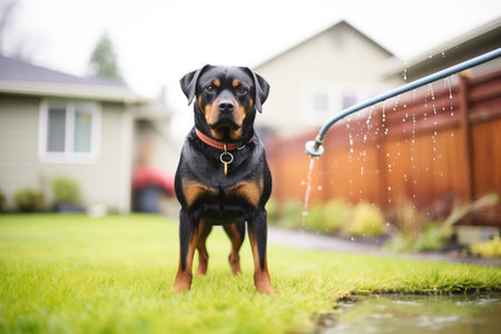 rottweiler standing guard next to an active sprinklerの素材