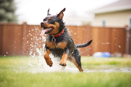 rottweiler mid-shake, water flying from sprinkler playの素材