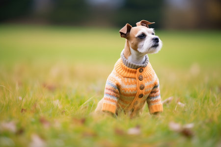 terrier in a knitted sweater sitting on grassの素材