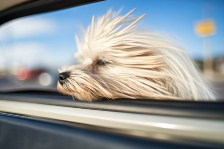 soft fur of a maltese in the wind, seen through a cars sunroofの素材