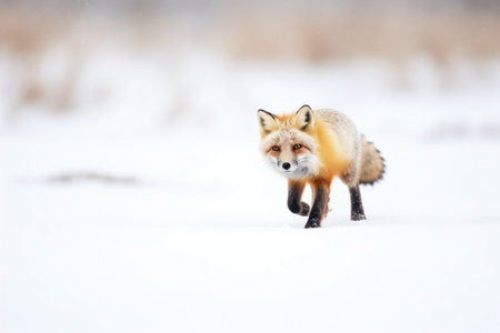 red fox walking in a fresh snowfieldの素材