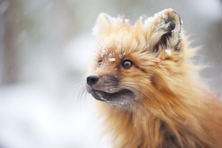 fox with snow-dusted fur during snowfallの素材