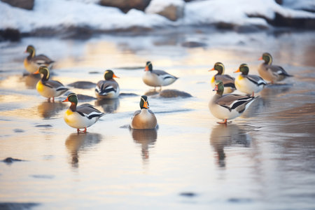 dawn light casting golden hues on ducks on iceの素材