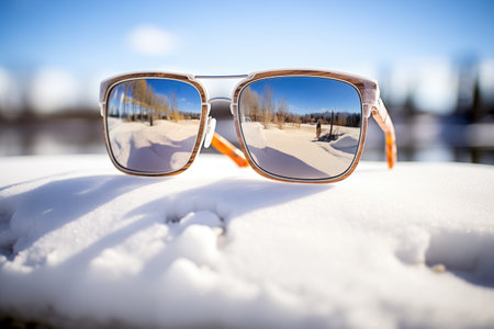 reflective sunglasses capturing the winter sun, with snowscapeの素材